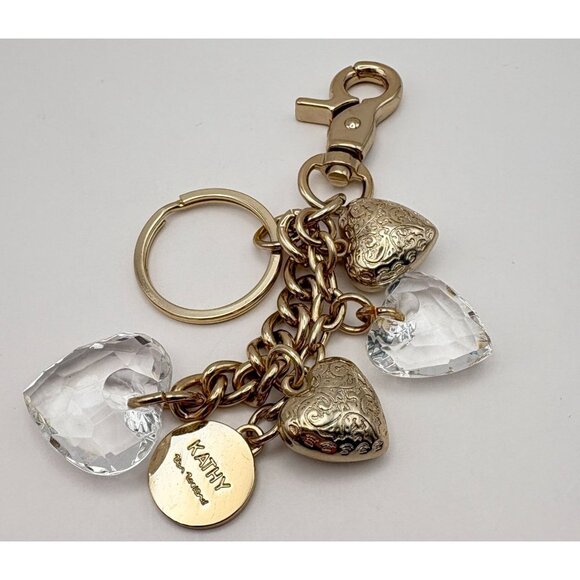 Kathy Van Zeeland Heart Charm Keychain Chunky Gold Tone with Clear Hearts - Picture 4 of 7